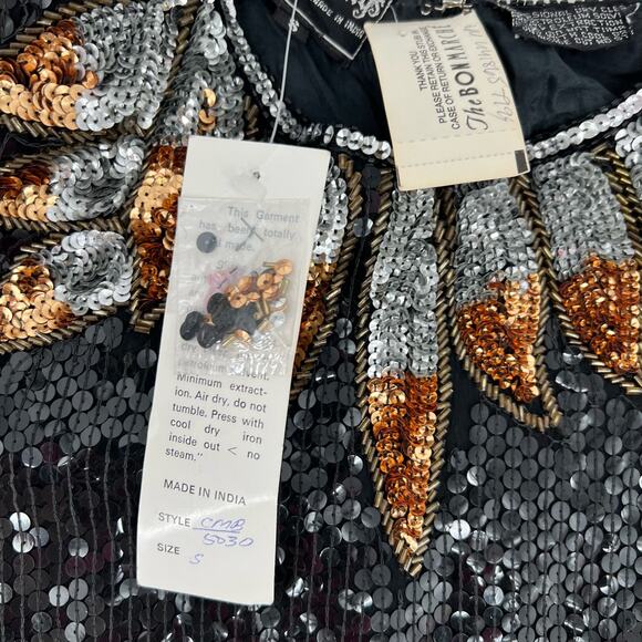 Vintage Royal Feeling Silk Sequin Evening Blouse Top NEW Small Black Silver Glam - Picture 9 of 11